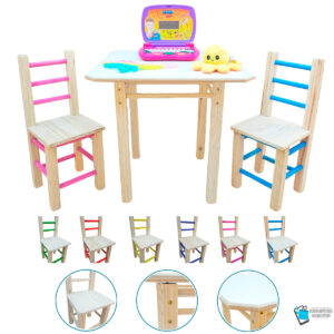 01 CONJUNTO MESA QUADRADA COM 2 CADEIRAS COLORIDA INFANTIL DE MADEIRA RESISTENTE MEGASTORE MARQUES