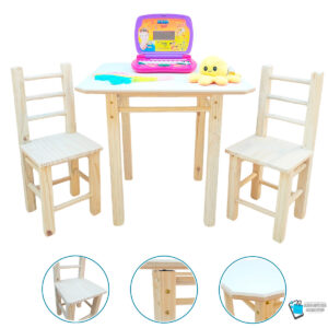 01 CONJUNTO MESA QUADRADA COM 2 CADEIRAS NATURAL INFANTIL DE MADEIRA RESISTENTE MEGASTORE MARQUES