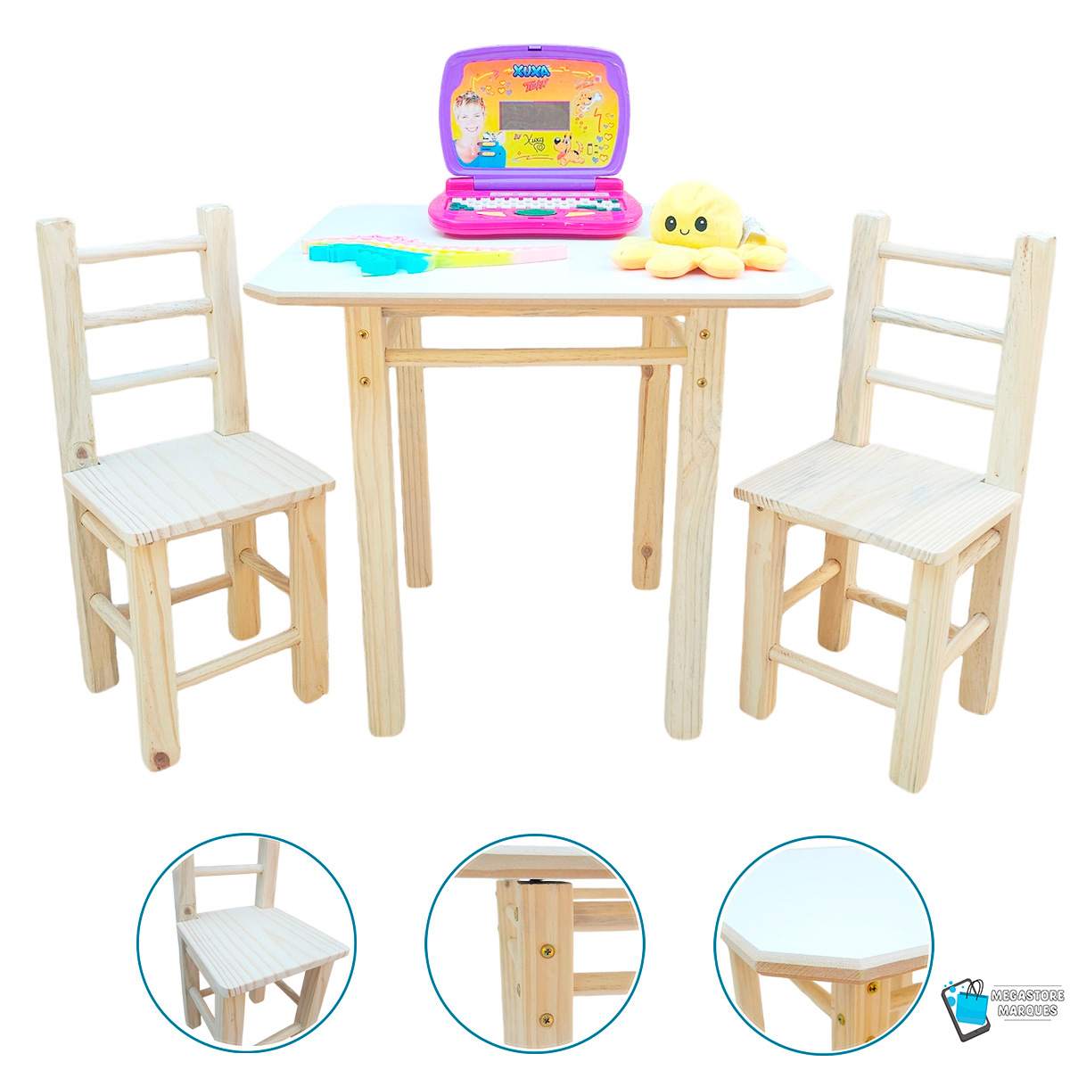 01 CONJUNTO MESA QUADRADA COM 2 CADEIRAS NATURAL INFANTIL DE MADEIRA RESISTENTE MEGASTORE MARQUES