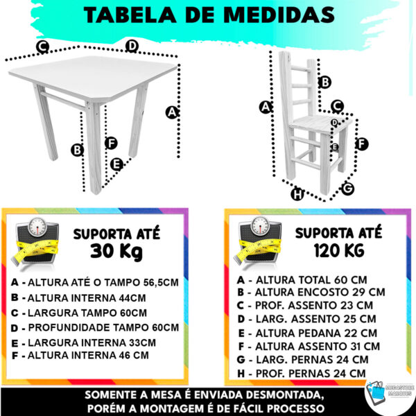 02 MEDIDA CONJUNTO MESA QUADRADA DE MADEIRA COM CADEIRA INFANTIL MEGASTORE MARQUES