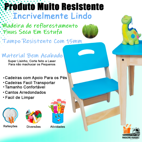 Conjunto de Mesa Com 2 Cadeiras Azul Infantil De Madeira Resistente Suporta 90kg - Image 2