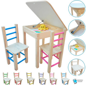 01 CONJUNTO MESA BAÚ COM 2 CADEIRAS INFANTIL DE MADEIRA COLORIDA MEGASTORE MARQUES