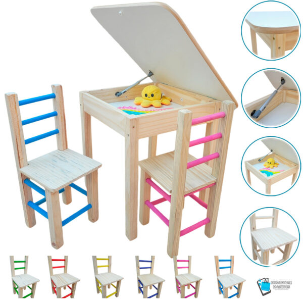 01 CONJUNTO MESA BAÚ COM 2 CADEIRAS INFANTIL DE MADEIRA COLORIDA MEGASTORE MARQUES