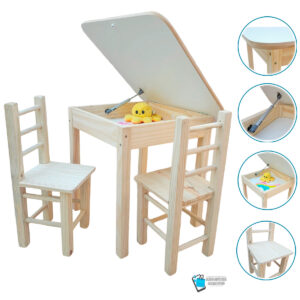 01 CONJUNTO MESA BAÚ COM 2 CADEIRAS INFANTIL DE MADEIRA NATURAL MEGASTORE MARQUES