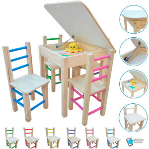 01 CONJUNTO MESA BAÚ COM 4 CADEIRAS INFANTIL DE MADEIRA COLORIDA MEGASTORE MARQUES