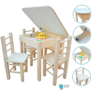 01 CONJUNTO MESA BAÚ COM 4 CADEIRAS INFANTIL DE MADEIRA NATURAL MEGASTORE MARQUES