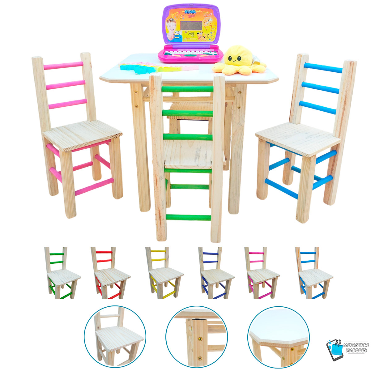 01 CONJUNTO MESA QUADRADA COM 4 CADEIRAS COLORIDA INFANTIL DE MADEIRA RESISTENTE MEGASTORE MARQUES