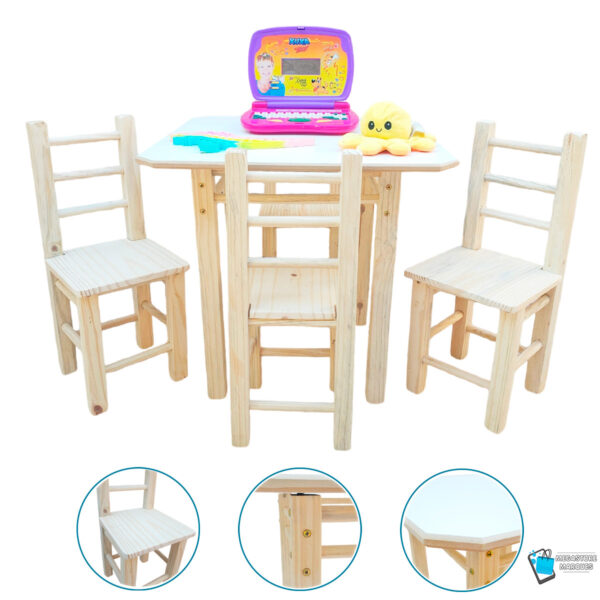 01 CONJUNTO MESA QUADRADA COM 4 CADEIRAS COLORIDA NATURAL DE MADEIRA RESISTENTE MEGASTORE MARQUES