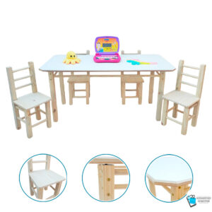01 CONJUNTO MESA RETANGULAR COM 4 CADEIRAS NATURAL INFANTIL DE MADEIRA RESISTENTE MEGASTORE MARQUES
