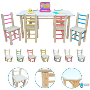 01 CONJUNTO MESA RETANGULAR COM 6 CADEIRAS COLORIDA INFANTIL DE MADEIRA RESISTENTE MEGASTORE MARQUES