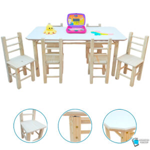 01 CONJUNTO MESA RETANGULAR COM 6 CADEIRAS NATURAL INFANTIL DE MADEIRA RESISTENTE MEGASTORE MARQUES a