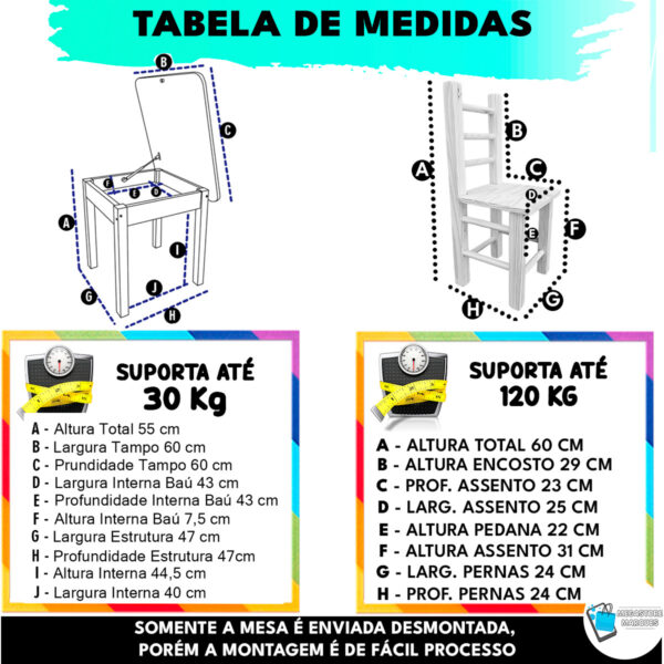 02 MEDIDA MESA INFANTIL BAÚ COM CADEIRA RESISTENTE MEGASTORE MARQUES