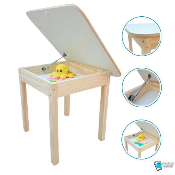 06 MESA COM COMPARTIMENTO BAÚ INFANTIL DE MADEIRA RESISTENTE MEGASTORE MARQUES