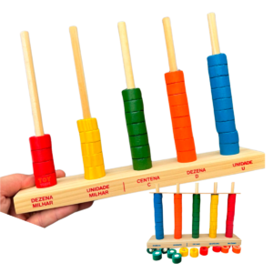 Ábaco Aberto 5 hastes com 50 Argolas coloridas em Madeira Brinquedos Educativos - Ábaco Aberto Vertical