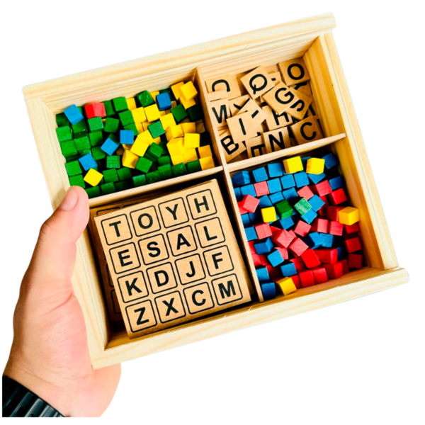 Bingo de Letras Alfabeto Peças Em Madeira 281 peças (15 cartelas + 28 letras + 238 pedrinhas + 1 estojo) - Image 2