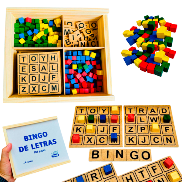 Bingo de Letras Alfabeto Peças Em Madeira 281 peças (15 cartelas + 28 letras + 238 pedrinhas + 1 estojo)