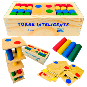 Jogo Torre Inteligente em Madeira Brinquedo Educativo Premium com Estojo e Pinos Coloridos Super Divertido