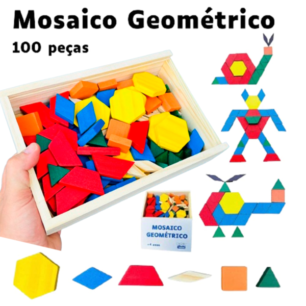 Mosaico Geométrico 100 Peças Jogo Divertido Montando Formas em Madeira 1