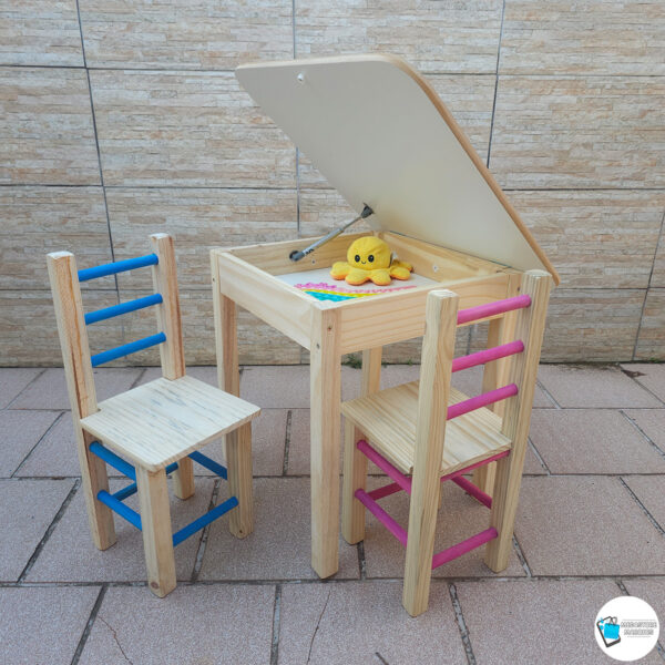 ZZ CONJUNTO MESA BAÚ COM 2 CADEIRAS INFANTIL DE MADEIRA COLORIDA MEGASTORE MARQUES
