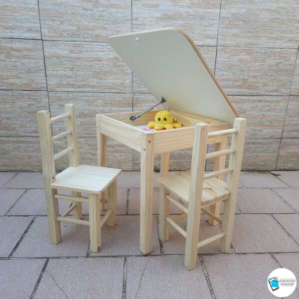 ZZ CONJUNTO MESA BAÚ COM 2 CADEIRAS INFANTIL DE MADEIRA NATURAL MEGASTORE MARQUES