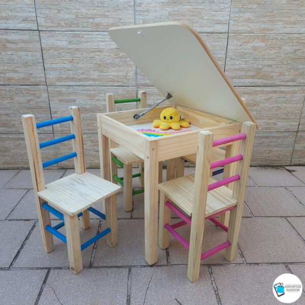 ZZ CONJUNTO MESA BAÚ COM 4 CADEIRAS INFANTIL DE MADEIRA COLORIDA MEGASTORE MARQUES