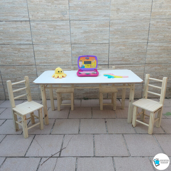 ZZ CONJUNTO MESA RETANGULAR COM 4 CADEIRAS NATURAL INFANTIL DE MADEIRA RESISTENTE MEGASTORE MARQUES
