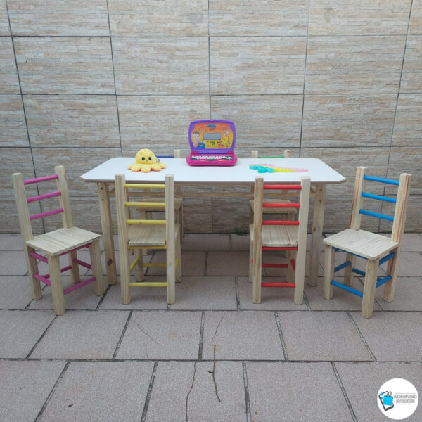 ZZ CONJUNTO MESA RETANGULAR COM 6 CADEIRAS COLORIDA INFANTIL DE MADEIRA RESISTENTE MEGASTORE MARQUES