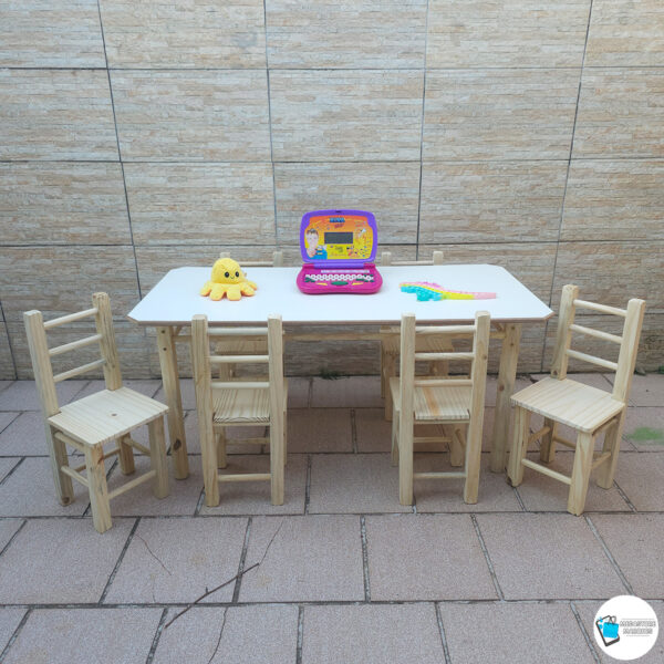 ZZ CONJUNTO MESA RETANGULAR COM 6 CADEIRAS NATURAL INFANTIL DE MADEIRA RESISTENTE MEGASTORE MARQUES
