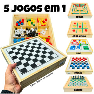 Jogos de Mesa 5x1 Xadrez, Dama, Ludo, Trilha, Jogo da Velha Educativos Jogos Classicos MegaStore Marques