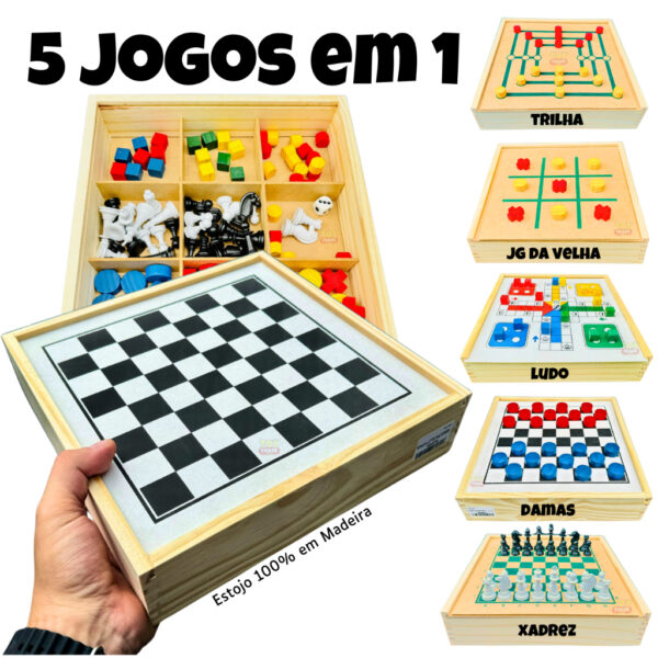 Jogos de Mesa 5x1 Xadrez, Dama, Ludo, Trilha, Jogo da Velha Educativos Jogos Classicos MegaStore Marques