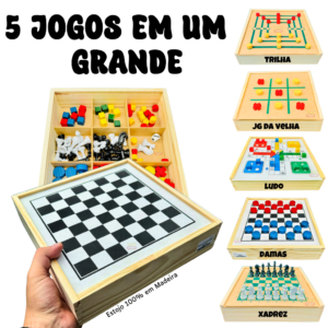 Jogos de Mesa 5x1 Xadrez, Dama, Ludo, Trilha, Jogo da Velha Educativos Jogos Classicos MegaStore Marques grande