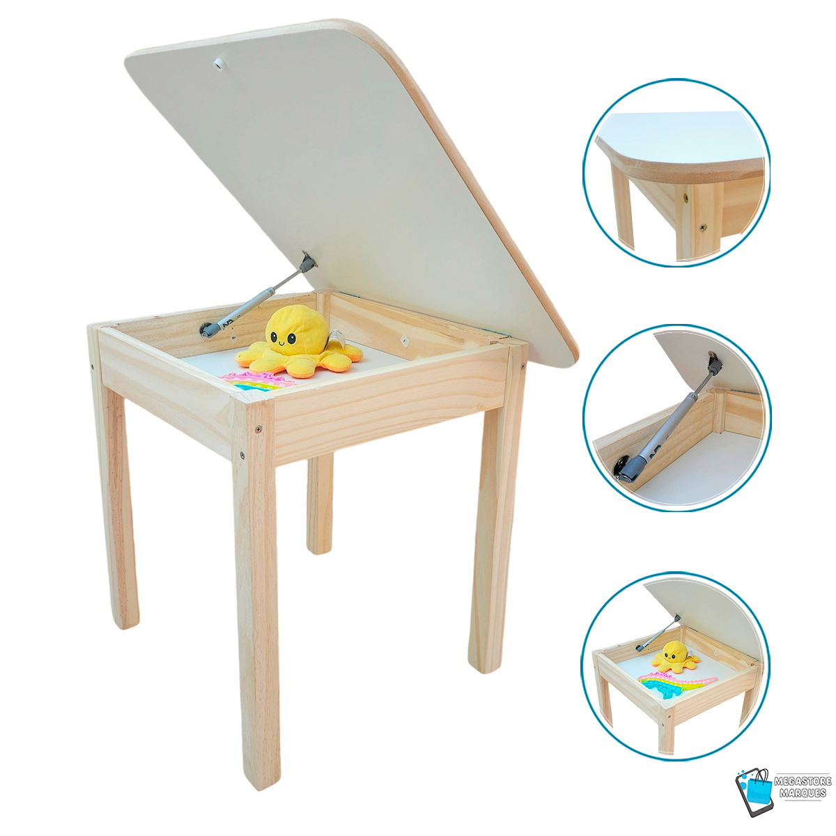 01 MESA COM COMPARTIMENTO BAÚ INFANTIL DE MADEIRA RESISTENTE MEGASTORE MARQUES