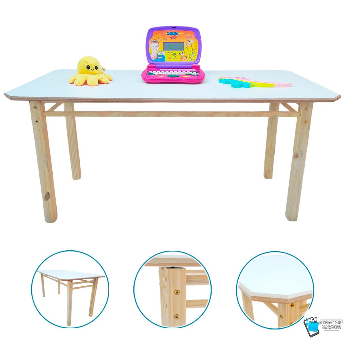 01 MESA RETANGULAR INFANTIL DE MADEIRA RESISTENTE MEGASTORE MARQUES 02