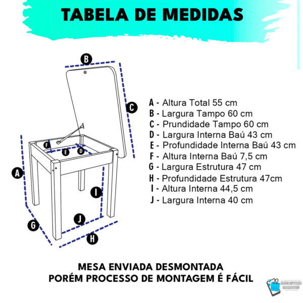 02 MEDIDA MESA COM COMPARTIMENTO BAÚ INFANTIL DE MADEIRA RESISTENTE MEGASTORE MARQUES